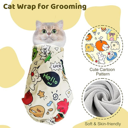 Cat Wrap for Grooming, Self-Adhesive Cat Swaddle Wrap with Nail Clipper, Soft Calming Pet Blanket Anti-Escape Grooming Bag for Cats and Dogs Up to 11lbs (Animal 3)