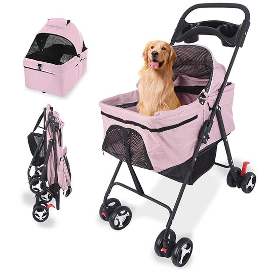 3 in 1 Dog Stroller, 4 Wheels Pet Stroller Dog Cat Stroller for Medium Small Dog Cats Up to 50lbs, Foldable Carrier Jogger Travel Puppy Stroller with Cup Holder & Breathable Mesh, Pink