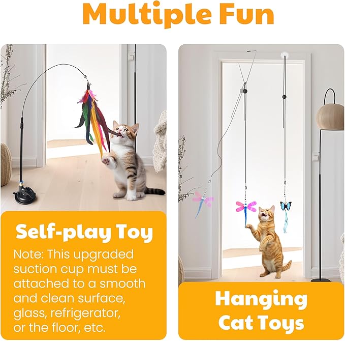 4-in-1 Interactive Cat Toys Set with 12 Pcs Replacements for Indoor Cats (Includes 1 Huge Feather)- Cat Fishing Pole Toy with Wooden Handle, Enhanced Suction Cup, Hanging Door Kitten Toys