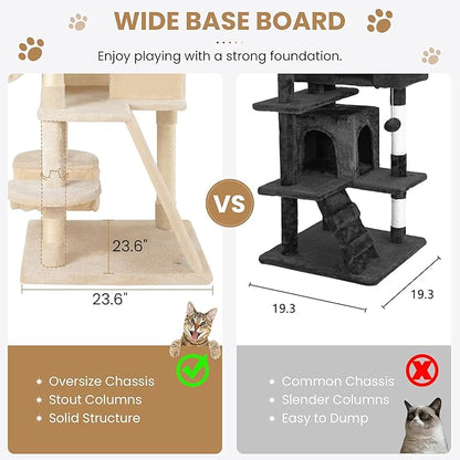 SHA CERLIN 65in Larger Cat Tree Tower Condo for Indoor Kitties/Multi-Level Furniture Activity Center with Wide Base/Cozy Plush Cat Perches/Baskets/Sisal Scratching Posts and Hammock/Beige