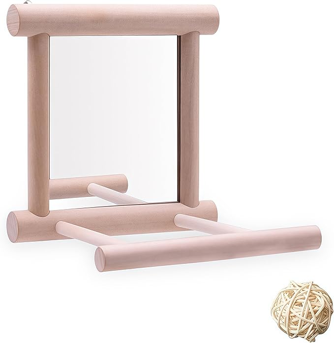 HANZE Bird Mirror Swing with Rattan Ball | Natural Wood Parrot Toy with Metal Hooks for Macaws, Cockatiels, Parakeets, Lovebirds | Safe Chewing & Mental Stimulation