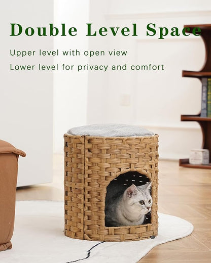 Cat House for Indoor Cat, Small Cat Houses Handwoven PE Rattan Kitten Cave, Pet Kitten Bed Covered, One Bed Pad, 13 x 13 x 13.7 Inches, Foldable Hideaway in Living Room Natural