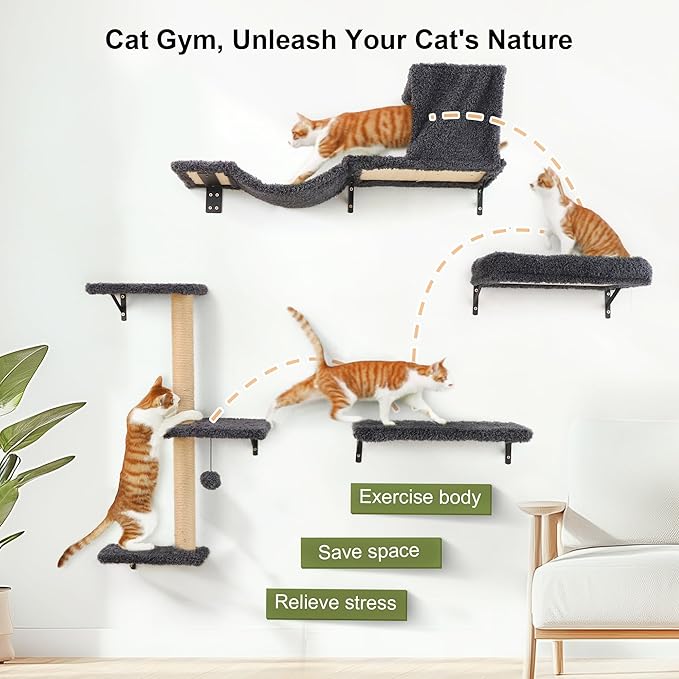 FUKUMARU Cat Wall Shelves, Stable & Safe 4 in 1 Cat Furniture Set, Wooden Climbing Wall with Scratching Post for 16 Inch Drywall - Gray