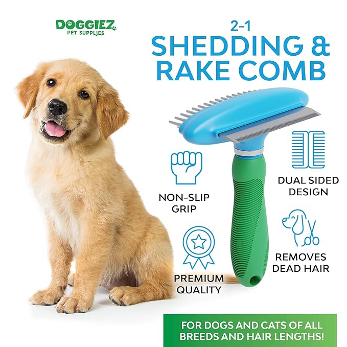 2-in-1 Dog Brush for Shedding & Undercoat Rake Dog Hair Brush - Cat Grooming Supplies Long Hair Dog Deshedding Brush - Dog Grooming Brush - Pet Brushes for Dogs - Short Haired Fur, Long Hair Cat Brush
