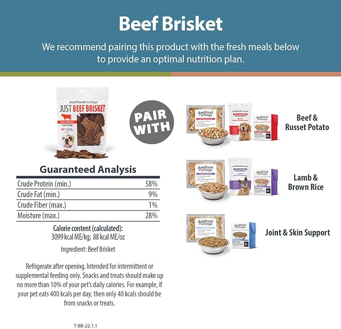 JustFoodForDogs Single-Ingredient Healthy Dog Treats, Beef Brisket, Made in The USA, 5 oz