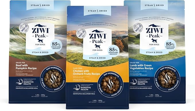 ZIWI Peak Steam & Dried Dog Food Bundle  High Protein, Digestive Health, Low Carb, for All Breeds and Lifestages (1.8lb Bags of Beef w/Pumpkin, Chicken w/Fruit, and Lamb w/Vegetables Recipes)