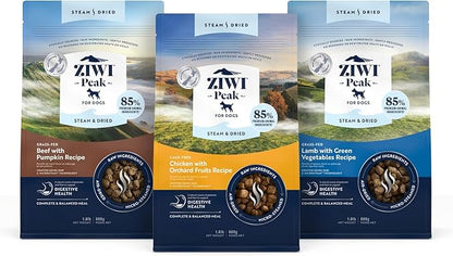 ZIWI Peak Steam & Dried Dog Food Bundle  High Protein, Digestive Health, Low Carb, for All Breeds and Lifestages (1.8lb Bags of Beef w/Pumpkin, Chicken w/Fruit, and Lamb w/Vegetables Recipes)