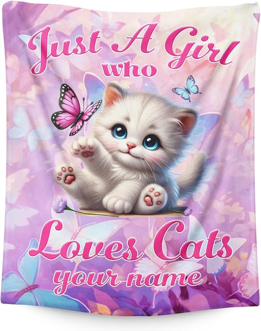 Custom Pink Cat Design Flannel Blanket for Kids Teens Adults, Personalized Throw Gifts for Girls Women, 60x80 Inch Soft Cozy Cute Cat Blanket for Sofa Couch Bed, Daughter Mom Gift Idea for Birthday
