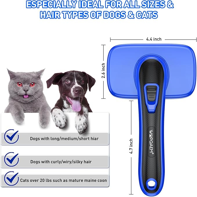 Dogs Cats Self Cleaning Slicker Brush for Shedding & Grooming Any Breed of Pets, Removes Loose, Undercoat, Mats, Tangled Hair for Small Medium Large Animal With Long Short Fur Length, Blue
