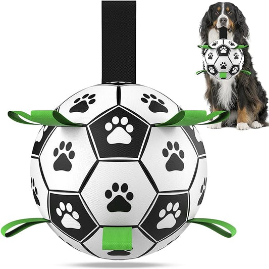 QDAN Dog Toys Extra Large Soccer Ball with Straps, Interactive Dog Toys for Tug of War, Puppy Birthday Gifts, Dog Tug Toy, Dog Water Toy, Durable Dog Balls World Cup for Large Dogs（9 Inch）