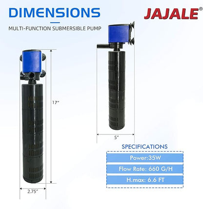 660 GPH Internal Filter Submersible Pump - 3 in 1 Aquarium Fish Tank Pump with Oxygenation, Filtration & Water Cycling, 6.6 ft max lift, 35W - 4 Pack