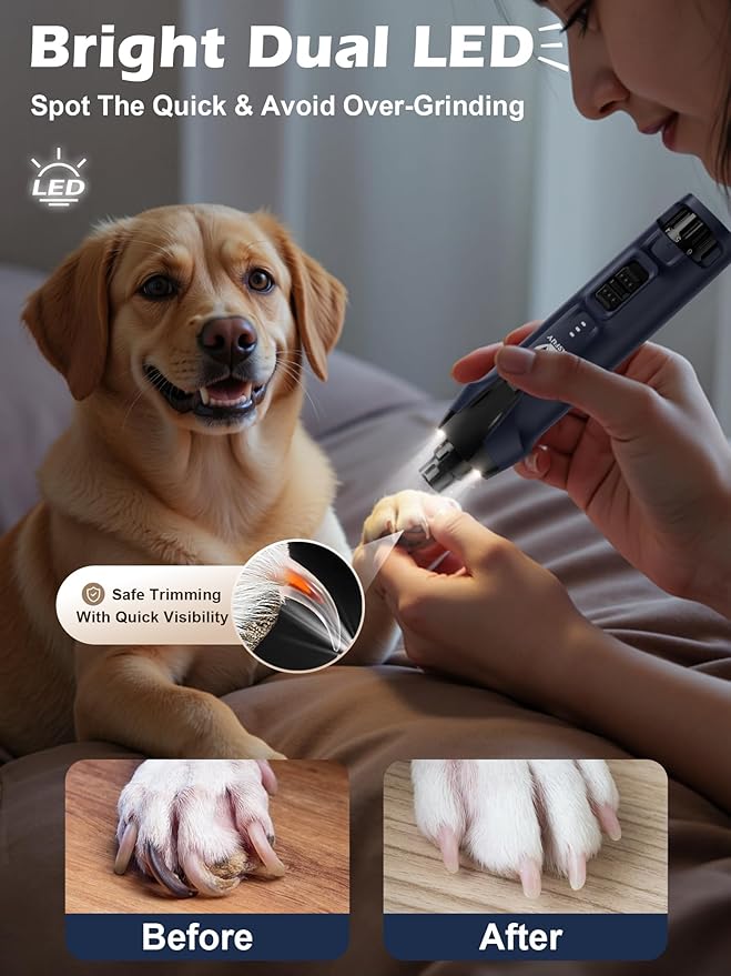 Casfuy 6-Speed Dog Nail Grinder  50%+ Boost Power Dog Nail Trimmers Quiet with Dust Cap & 2 LED Lights & 2000mAh Battery & 4.8V Motor Electric Pet Toenail File Tool for Large Medium Small Dogs Cats