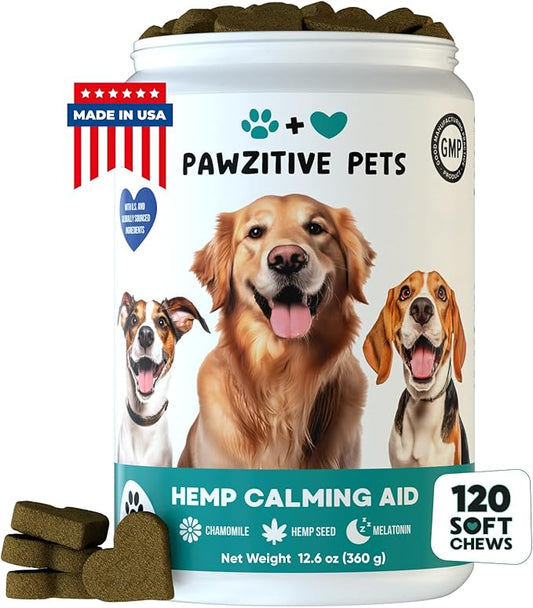 Dog Calming Chews for Anxiety Relief - Hemp Calming Chews for Dogs - 120 Soft Treats - Stress, Separation - USA Product - Melatonin, Passion Flower, Chamomile