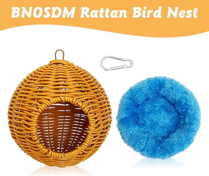 BNOSDM Rattan Bird Nest Parrot Nesting House Parakeet Hanging Swing Soft Lovebird Warm Bed Sleeping for Parrots Bird Cage Accessories for Cockatiels Budgerigars Finches Canaries (Single-Hole Style)