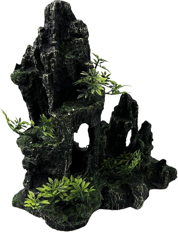 Large and Tall Fish Tank Decorations Aquarium Mountain View Stone Decorations Resin Rock Aquascaping with Hiding Cave, Fish Tank Accessories Aquarium Ornaments with Small Plants (B)