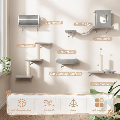 NUNU LAB 7-in-1 Wall Mounted Cat Climber Set, Cat Furniture Set with House, Tunnel, Bridge, Tree, Steps, Scratcher Board, Hammock, Luxury Wall Shelves for Indoor, Gray