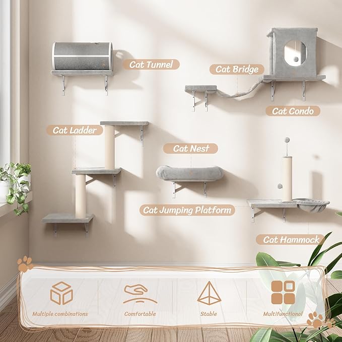 NUNU LAB 14-in-1 Cat Wall Shelves Set, Wall-Mounted Cat Climber with Bridge, Tunnel, House, Scratcher, Steps, Indoor Space-Saving Furniture for Kittens Play, Gray