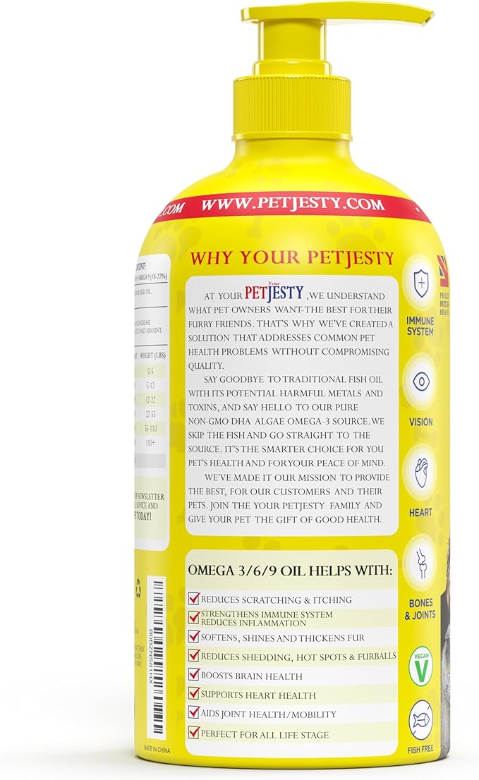 PetJesty Pure Omega 3 Oil for Dogs & Cats 26.39oz - Omega 3 Skin & Coat Support- Liquid Food Supplement for Pets - Vegan pet + DHA for Joint Function, Immune & Heart Health, Non Fish Oil Dog and Cat