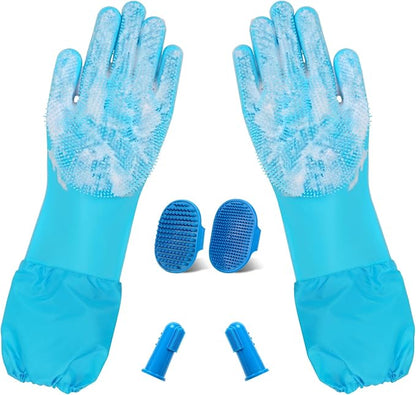 6PCS Pet Grooming Set - Lengthen Dog Washing Gloves, Dog Bath Brush, Dog Toothbrush Finger, Dog Shampoo Brush, Silicone Pet Bathing Gloves for Gentle Cleaning, Massaging, Shedding (Blue Grooming Set)