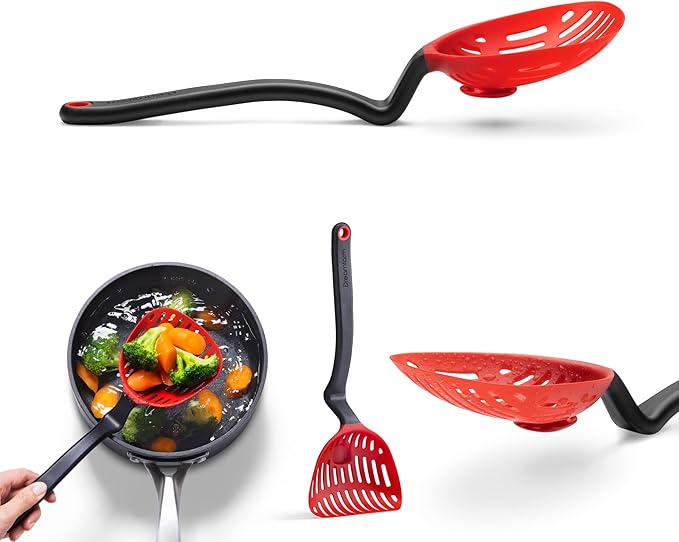 Dreamfarm Lestrain 2-in-1 Drip-Catching Sit-Up Slotted Cooking Spoon Scoop & Strainer - 11" Red