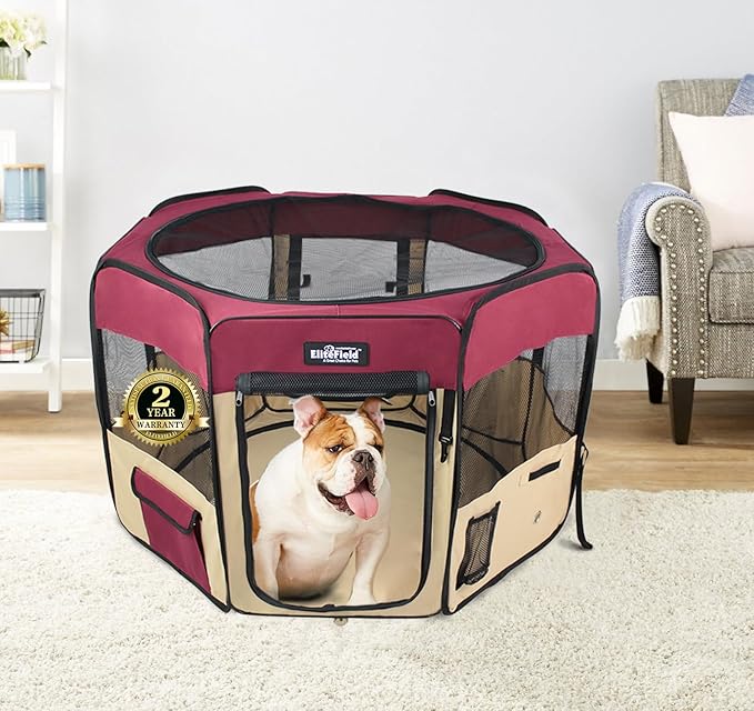 EliteField 2-Door Soft Pet Playpen (2 Year Warranty), Exercise Pen, Multiple Sizes and Colors Available for Dogs, Cats and Other Pets (36" x 36" x 24"H, Maroon+Beige)