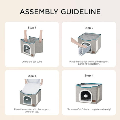 Bedsure Cat Beds for Indoor Cats - Large Cat Cave for Pet Cat House with Fluffy Ball Hanging and Scratch Pad, Foldable Cat Hideaway, 16.5x16.5x13 inches, Black