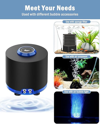 AQQA Aquarium Air Pump, Quiet Powerful Fish Tank Air Pump 3W/6W/10W with Stainless Steel Dual Outlet, Adjustable Oxygen Aerator Pump with Air Stone Bubbler for Fish Tank Up to 200 Gallon 6W (Tubby)