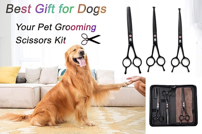 Dream Reach 7.0 Inches Professional Pet Cat Dog Grooming Shears Scissors, Straight, Curved, Thinning/Blending/Chunking Scissors Kit (3-Set Blunt Tip)