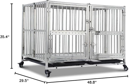 48" Heavy Duty Dog Crate Cage Kennel with Wheels, Full Stainless Steel High Anxiety Indestructible Dog Crate, Sturdy Locks Design, Double Door Small Door Design & Removable Tray Design (Silver)