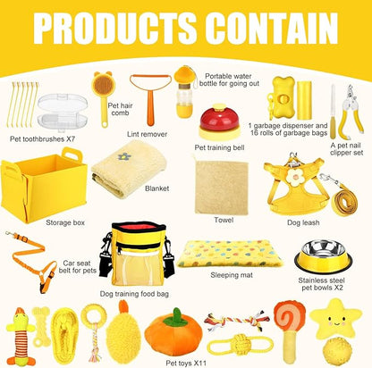 Abbylike 50 Pcs Puppy Supplies Starter Kit for Small Dogs Puppy Essentials Includes Leash, Bowls, Teeth Brushes, Water Bottle, and More Accessories for Dogs Christmas Welcome Gift(Yellow)
