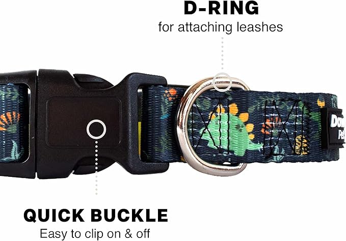 Downtown Pet Supply - Best, Cute & Fancy Dog Collar - Lightweight Adjustable Dog Collar with Quick Buckle & D-Ring - Hand Wash Safe - Dino - M - Medium Dog Collar