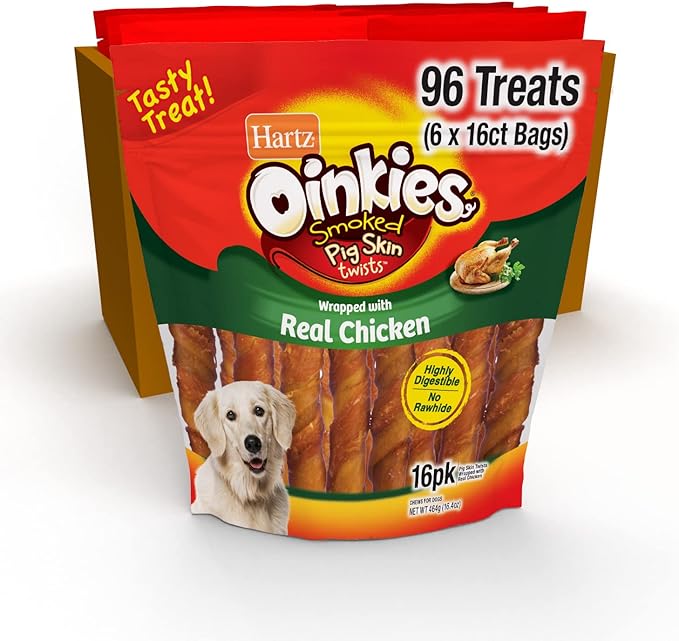 Hartz Oinkies Smoked Pig Skin Chicken Jerky Twists Dog Treats, 96 Count