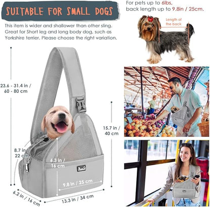 SlowTon Pet Dog Sling Carrier, Hands Free Hard Bottom Papoose Small Animal Puppy Up to 6 lbs Travel Bag Tote Breathable Mesh Support Adjustable Padded Strap Pocket Safety Belt(Widened Grey)
