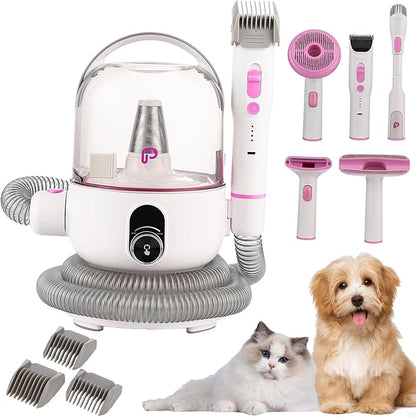 IDEALHOUSE Dog Hair Vacuum and Grooming Kit, 2L Dust Cup with 5 Grooming Tools, High Suction Power for Shedding Pet Hair, Low Noise for Stress-Free Grooming, Home Cleaning, White and Cherry Blossom