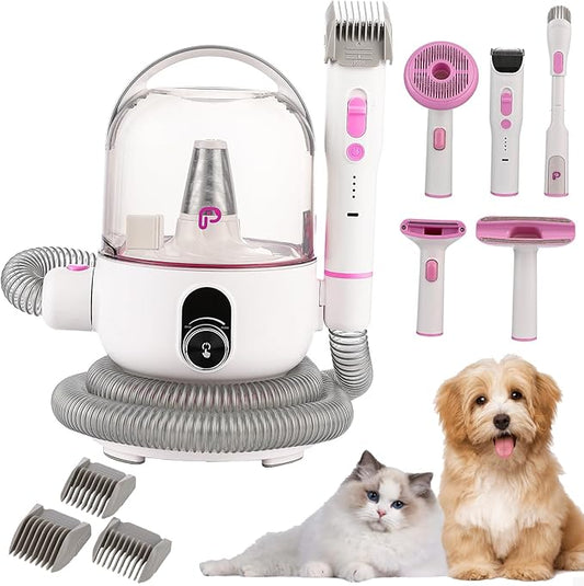 IDEALHOUSE Dog Hair Vacuum and Grooming Kit, 2L Dust Cup with 5 Grooming Tools, High Suction Power for Shedding Pet Hair, Low Noise for Stress-Free Grooming, Home Cleaning, White and Cherry Blossom