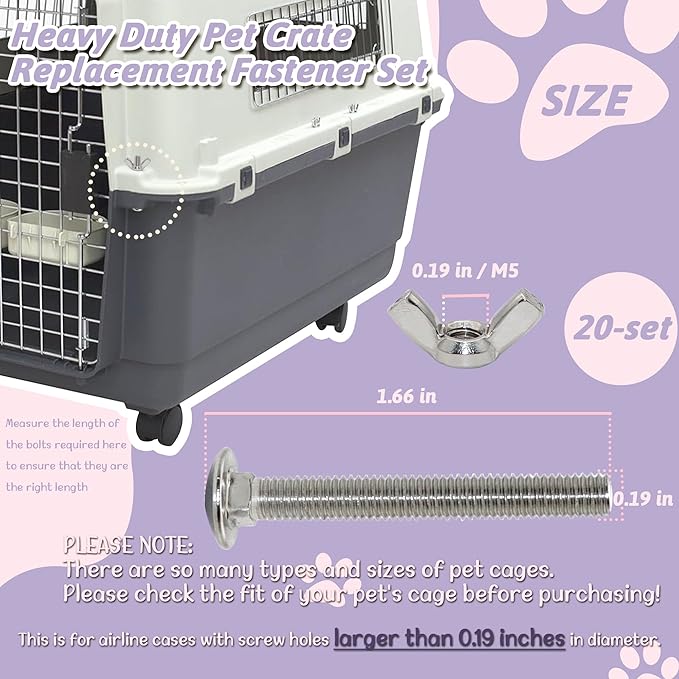 20 Sets Pet Carrier Replacement Fasteners Set - Heavy Duty Stainless Steel Bolts and Nuts for Kennel and Carrier - Dog and Cat Carrier Replacement Parts, M5×40-W