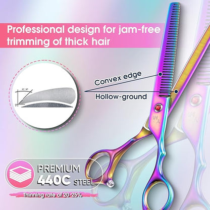 7" Dog Thinning Shears for Grooming, Multicolour Texturizing Scissors for Medium and Big Pets Japanese Stainless Steel 440C Sharp and Sturdy Grooming Shears for Novice and Professional Groomers