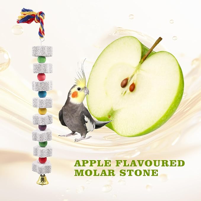 2 Pack Bird Beak Grinding Stone with Apple Scent, Large Parrot Chewing Calcium Stone Toy with Bells, Bird Cage Accessories, Suitable for Cockatiel Parakeet Parrot Budgies Rat Hamster Chinchilla Rabbit
