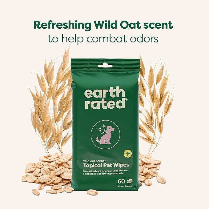 Earth Rated Wrinkle Wipes for Dogs, Perfect for Bulldogs and Pugs, to Cleanse Wrinkles and Folds, Wild Oat Scent, 60 Count