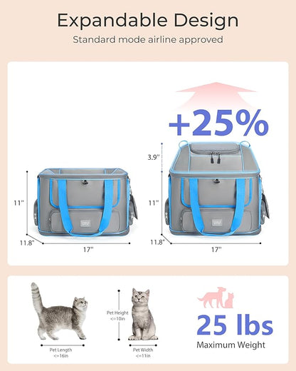 Expandable Cat Dog Carrier: NOBLE DUCK Soft-Sided Pet Carrier Airline Approved for Large Small Cats Dogs Collapsible Portable Travel Up to 25 Lbs Grey