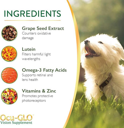 Ocu-GLO Cat & Dog Senior Supplement for Eye Support - Chewable Vision Vitamins Supplements for Large and Small Pets Care with Lutein, Omega-3 Fatty Acids, Grape Seed Extract & Antioxidants