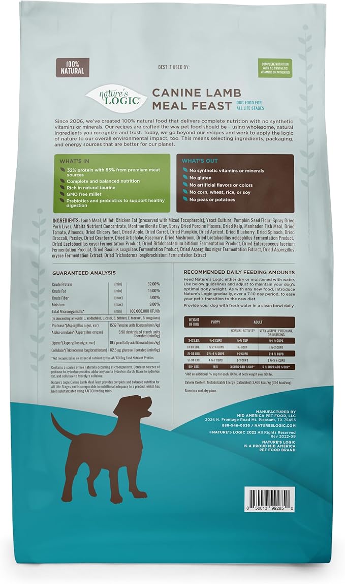 NATURE'S LOGIC Dry Dog Food - 100% Natural - No Synthetics - for All Ages, Sizes, Breeds - Free from Common Allergens, High Protein - Lamb Meal Feast, 13lbs