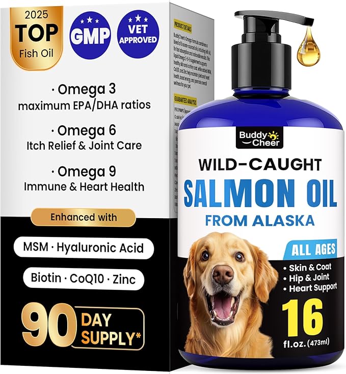 Wild Alaskan Salmon Oil for Dogs & Cats – Fast-Absorbing Fish Oil for Dogs with Krill Oil, Omega 3 6 9 Fish Oil Supplement from 8 Deep Sea Fishs for Skin, Coat, Joints & Heart -16oz (90 Day Supply)