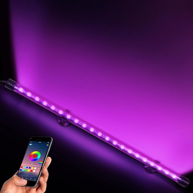 Smart App-Controlled RGB LED Aquarium Light with 16 Million Colors & 12 Dynamic Effects, Underwater Fish Tank Light with Timer, Submersible LED Lights with Adjustable Brightness and Speed - 19''