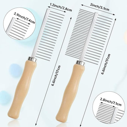 Tessco for you 2 Pcs Dog Metal Combs Cat Wooden Handle Grooming Combs Stainless Steel Hairbrush Double Side Metal for Pet Dog Grooming Brush Pet Cat Flea Hairbrush for Long Short Hair Fur Brush Tool