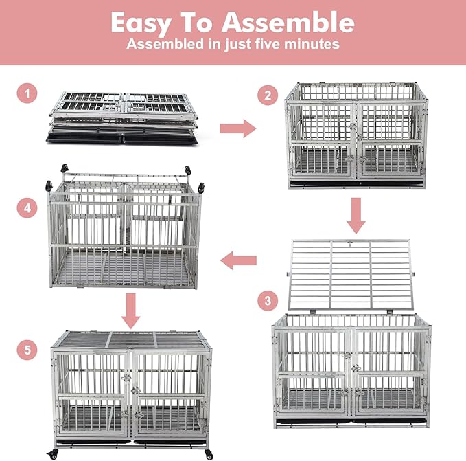 48-in Heavy Duty Dog Crate Cage Kennel with Wheels, Full Stainless Steel High Anxiety Indestructible Dog Crate, Sturdy Locks Design, Double Door Small Door Design & Removable Tray Design Silver