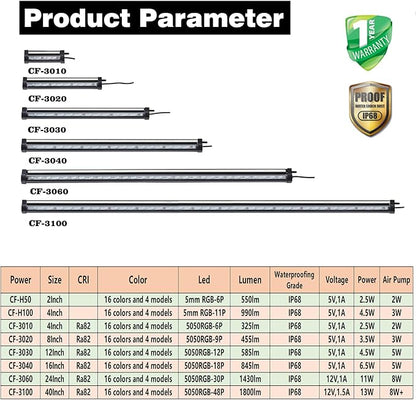 Carefree Fish Aquarium 4/8/12/16/24/40In Led Nanometer Materials Air Stone Strip Ⅱ and Tube Fish Tank Oxygen Stone Bubble Wall RGB Light Waterproofing Grade IP68(Air Pumps not Included