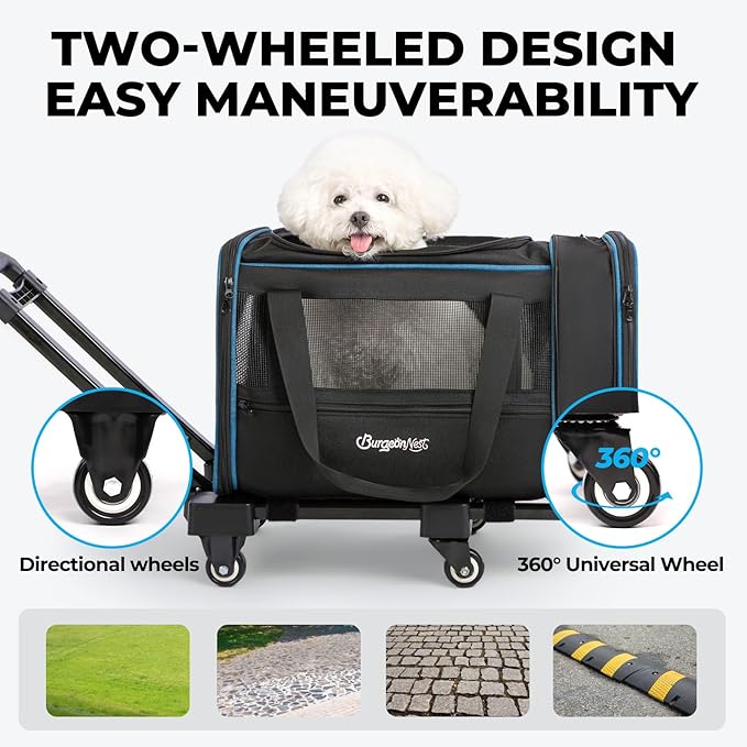 BurgeonNest Expandable Premium Cat Carrier with Wheels - Handle Adjustable Small Dog Carrier- Designed for Dogs and Cats up to 15 lbs - Removable Soft Lined Pet Carrier
