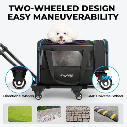 BurgeonNest Expandable Premium Cat Carrier with Wheels - Handle Adjustable Small Dog Carrier- Designed for Dogs and Cats up to 15 lbs - Removable Soft Lined Pet Carrier