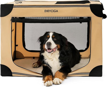 EHEYCIGA Collapsible Dog Crate 42 Inches, Portable Travel Crate for Extra Large Dogs, Soft Foldable Pet Kennel with 4-Door Mesh Windows Indoor & Outdoor, Biege
